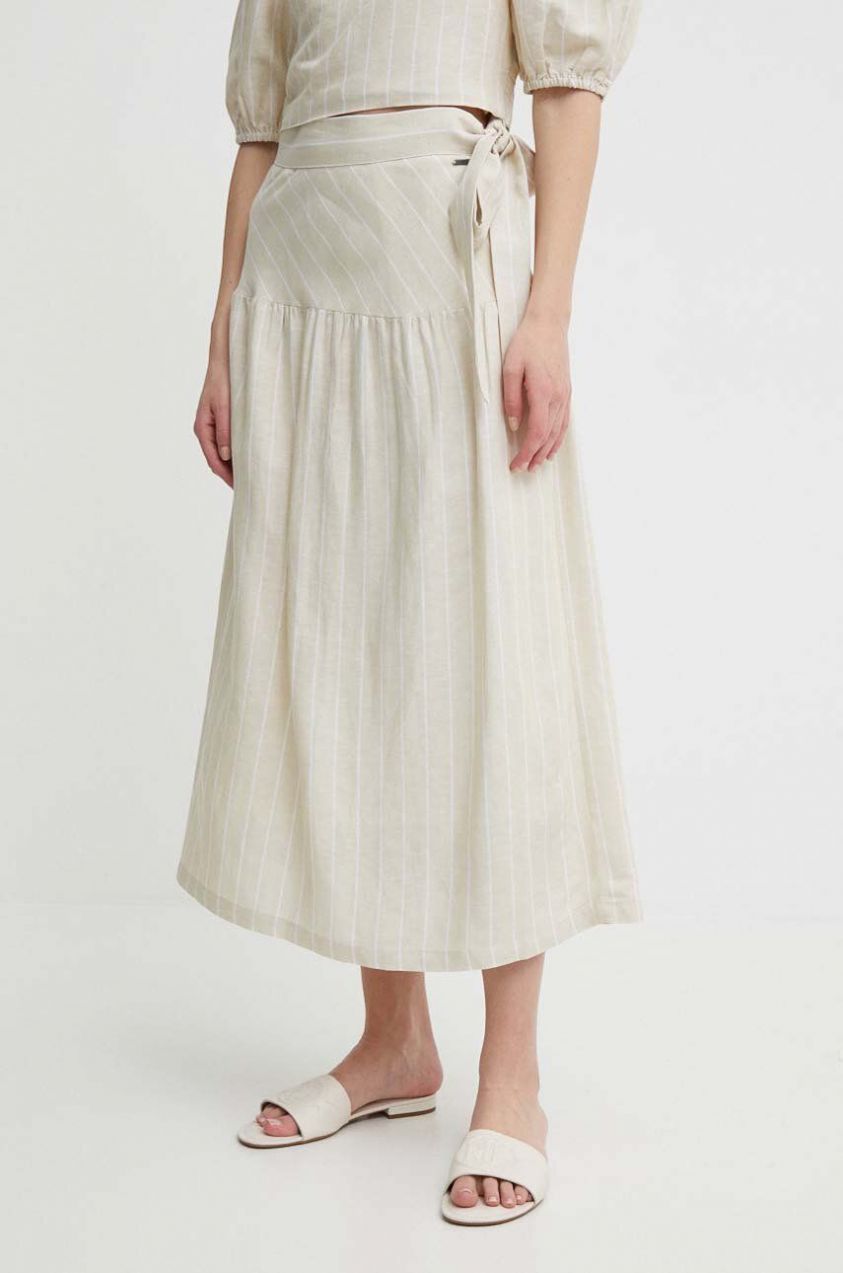 Ľanová sukňa Pepe Jeans EFFIE béžová farba, midi, áčkový strih, PL901125,