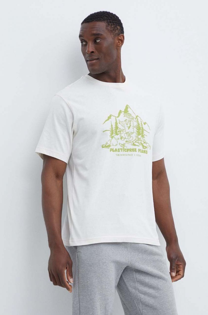 Bavlnené tričko The North Face Patron Plasticfree Peaks pánske, béžová farba, s potlačou, NF0A87DXQLI1