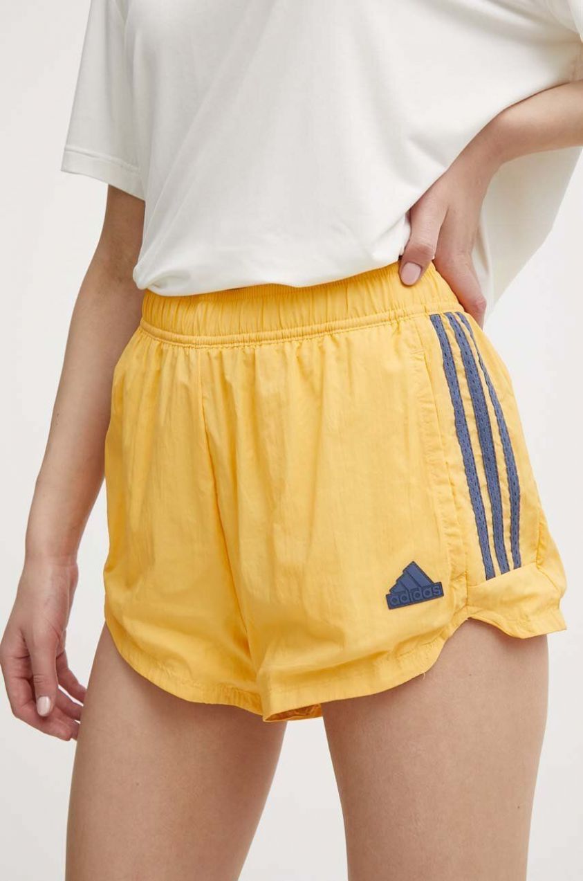 Šortky adidas TIRO dámske, žltá farba, s nášivkou, vysoký pás, IS0722