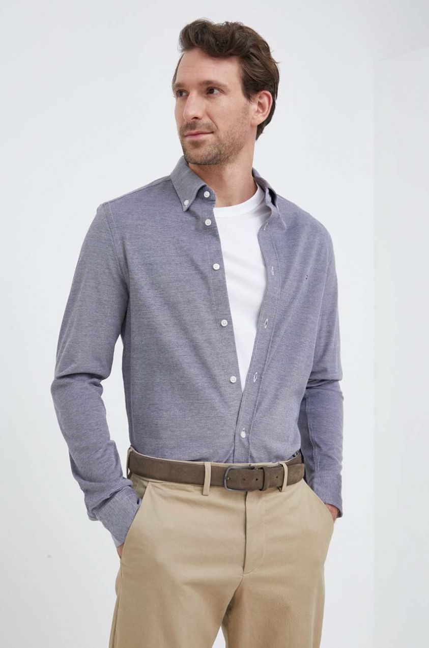 Bavlnená košeľa Tommy Hilfiger pánska, tmavomodrá farba, slim, s golierom button-down, MW0MW30675