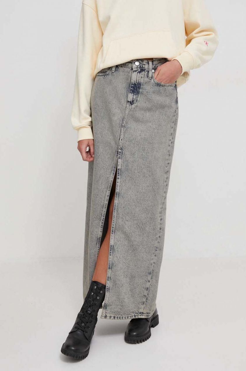 Rifľová sukňa Calvin Klein Jeans maxi, rovný strih, J20J222869