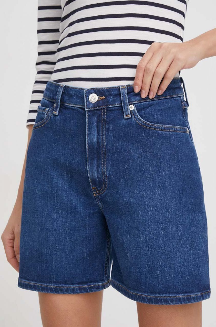 Rifľové krátke nohavice Tommy Hilfiger dámske, tmavomodrá farba, jednofarebné, vysoký pás, WW0WW41320