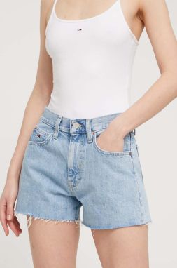 Rifľové krátke nohavice Tommy Jeans dámske,jednofarebné,vysoký pás,DW0DW17644