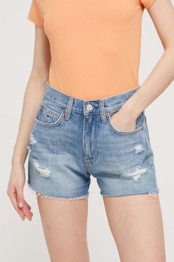 Rifľové krátke nohavice Tommy Jeans dámske,jednofarebné,vysoký pás,DW0DW17640