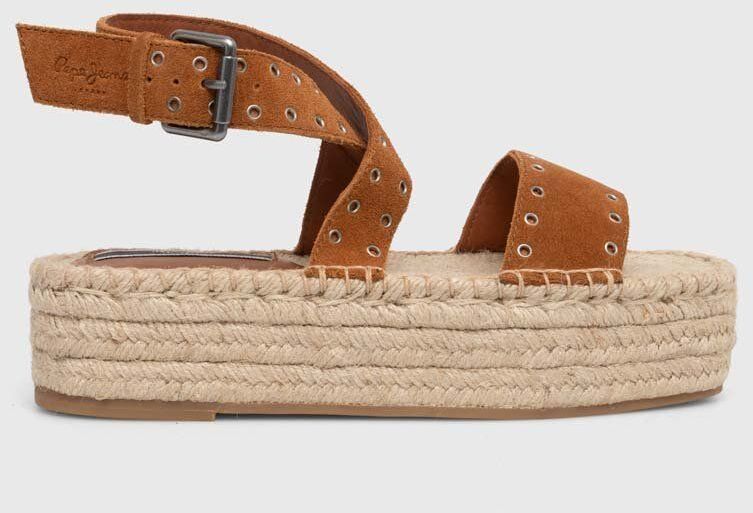 Semišové sandále Pepe Jeans PLS90657 dámske, hnedá farba, na platforme, TRACY ANTIQUE