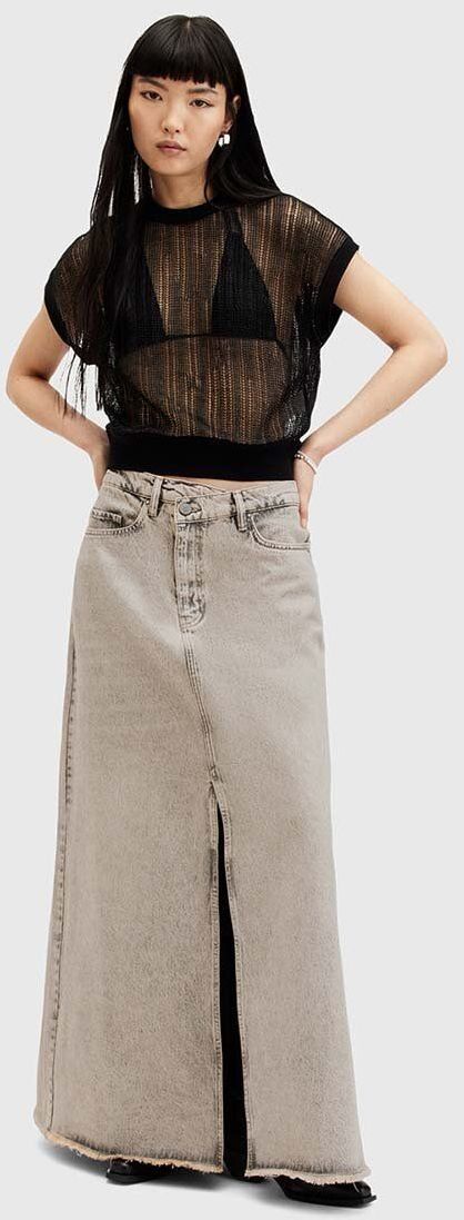 Bavlnená rifľová sukňa AllSaints NOIR MAXI SKIRT béžová farba, maxi, rovný strih, W045RA