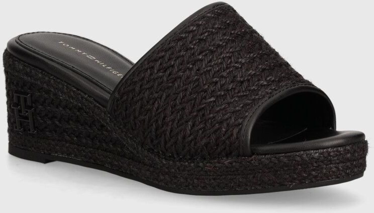 Šľapky Tommy Hilfiger TH ROPE WEDGE SANDAL dámske, čierna farba, na kline, FW0FW07927
