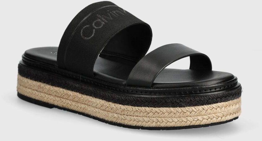 Šľapky Calvin Klein WEDGE SLIDE HE dámske, čierna farba, na platforme, HW0HW01966