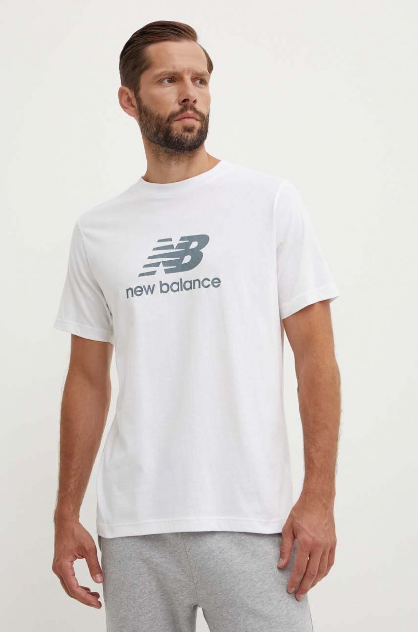 Bavlnené tričko New Balance Essentials Cotton pánske, biela farba, s potlačou, MT41502WT