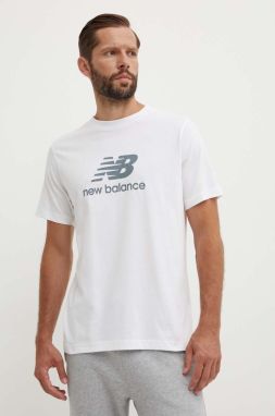 Bavlnené tričko New Balance Essentials Cotton pánske, biela farba, s potlačou, MT41502WT