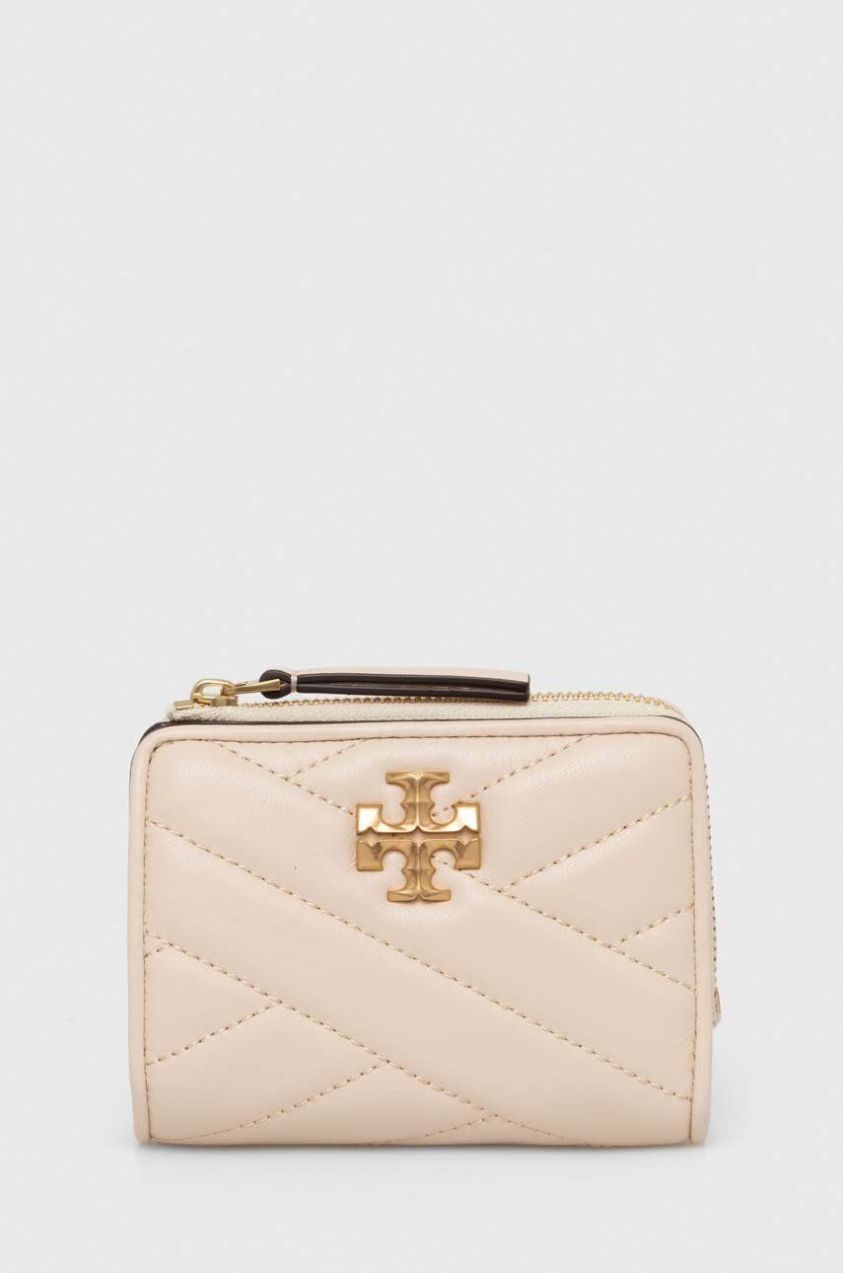 Kožená peňaženka Tory Burch Kira Chevron Bi-Fold dámska, béžová farba, 153121.122