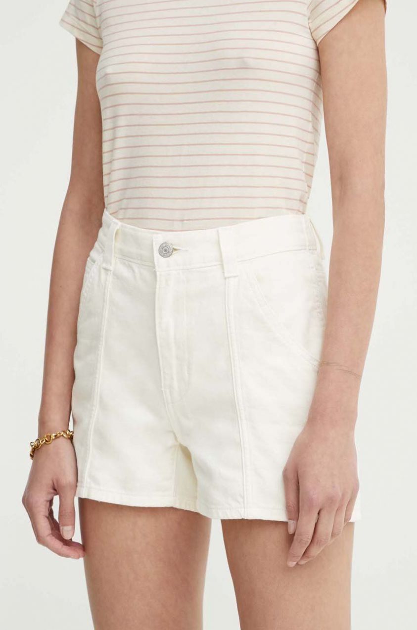 Rifľové krátke nohavice Levi's CARPENTER SHORT dámske, béžová farba, jednofarebné, vysoký pás, A8719