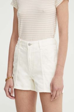 Rifľové krátke nohavice Levi's CARPENTER SHORT dámske, béžová farba, jednofarebné, vysoký pás, A8719