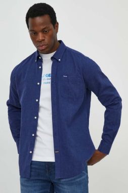 Ľanová košeľa Barbour tmavomodrá farba, slim, s golierom button-down, MSH5090