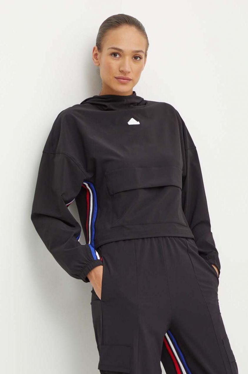 Mikina adidas Express dámska, čierna farba, s kapucňou, vzorovaná, IX3742