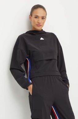 Mikina adidas Express dámska, čierna farba, s kapucňou, vzorovaná, IX3742