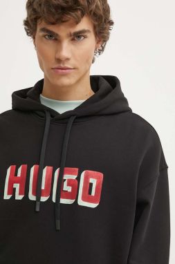Bavlnená mikina HUGO pánska, čierna farba, s kapucňou, s potlačou, 50516655