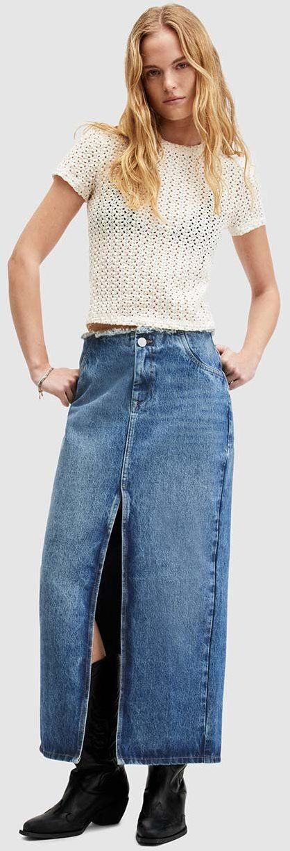 Bavlnená rifľová sukňa AllSaints CYRA MAXI maxi, rovný strih, W021RA