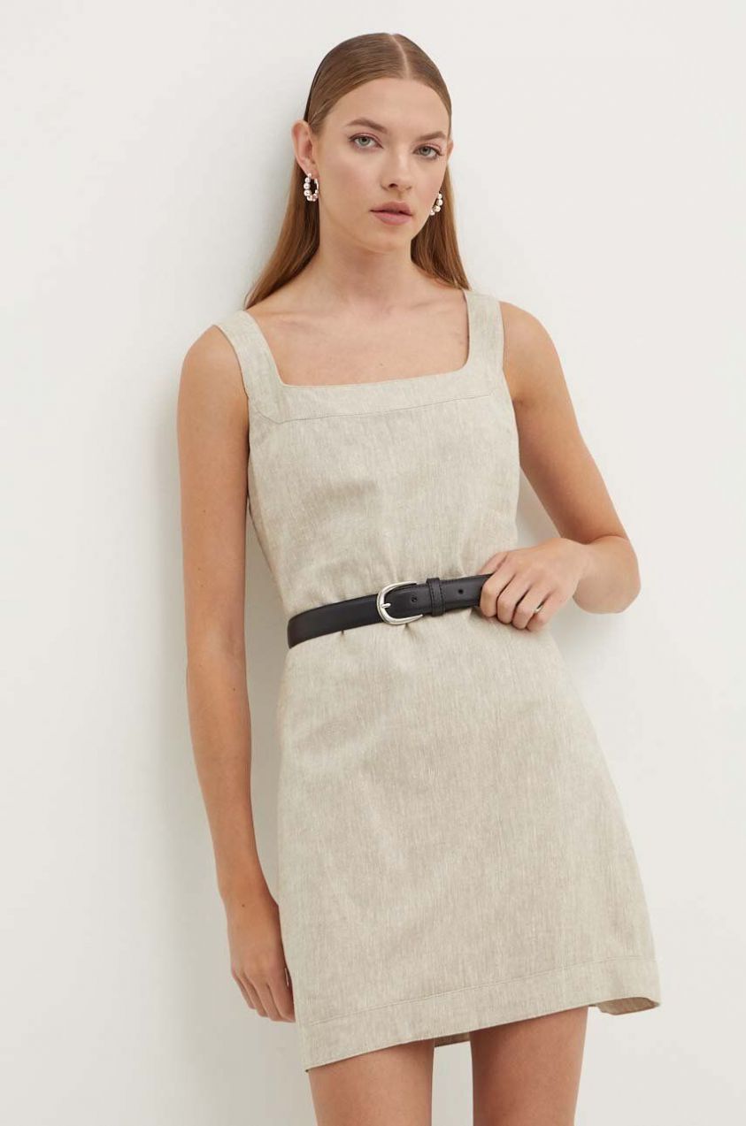 Ľanové šaty Abercrombie & Fitch béžová farba, mini, áčkový strih