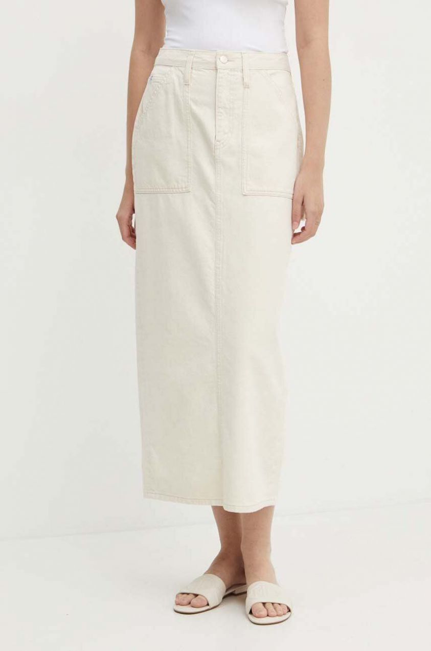 Rifľová sukňa Calvin Klein Jeans béžová farba, maxi, puzdrová, J20J223886