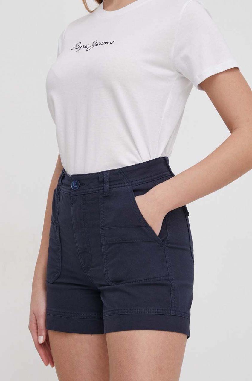Šortky Pepe Jeans VALENTINA dámske, tmavomodrá farba, jednofarebné, vysoký pás, PL801096