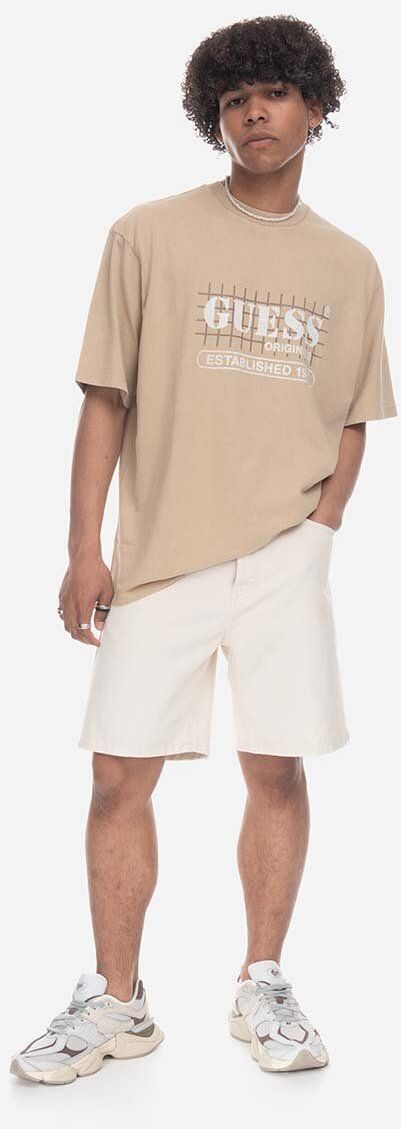 Tričko Guess Washed Grid Logo Tee M3GI31.K9XF3-F13Q, pánske, béžová farba, s potlačou