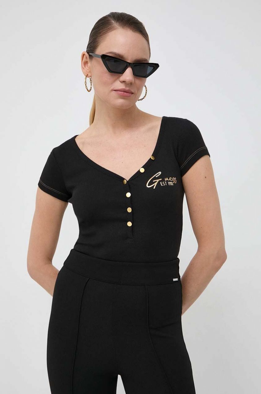 Tričko Guess HENLEY OLYMPIA dámsky, čierna farba, W4RP47 K1814