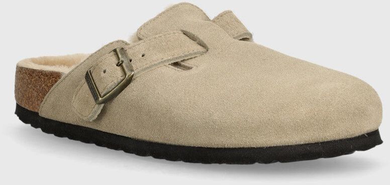 Semišové šľapky Birkenstock Boston Shearling dámske, béžová farba, 1028299