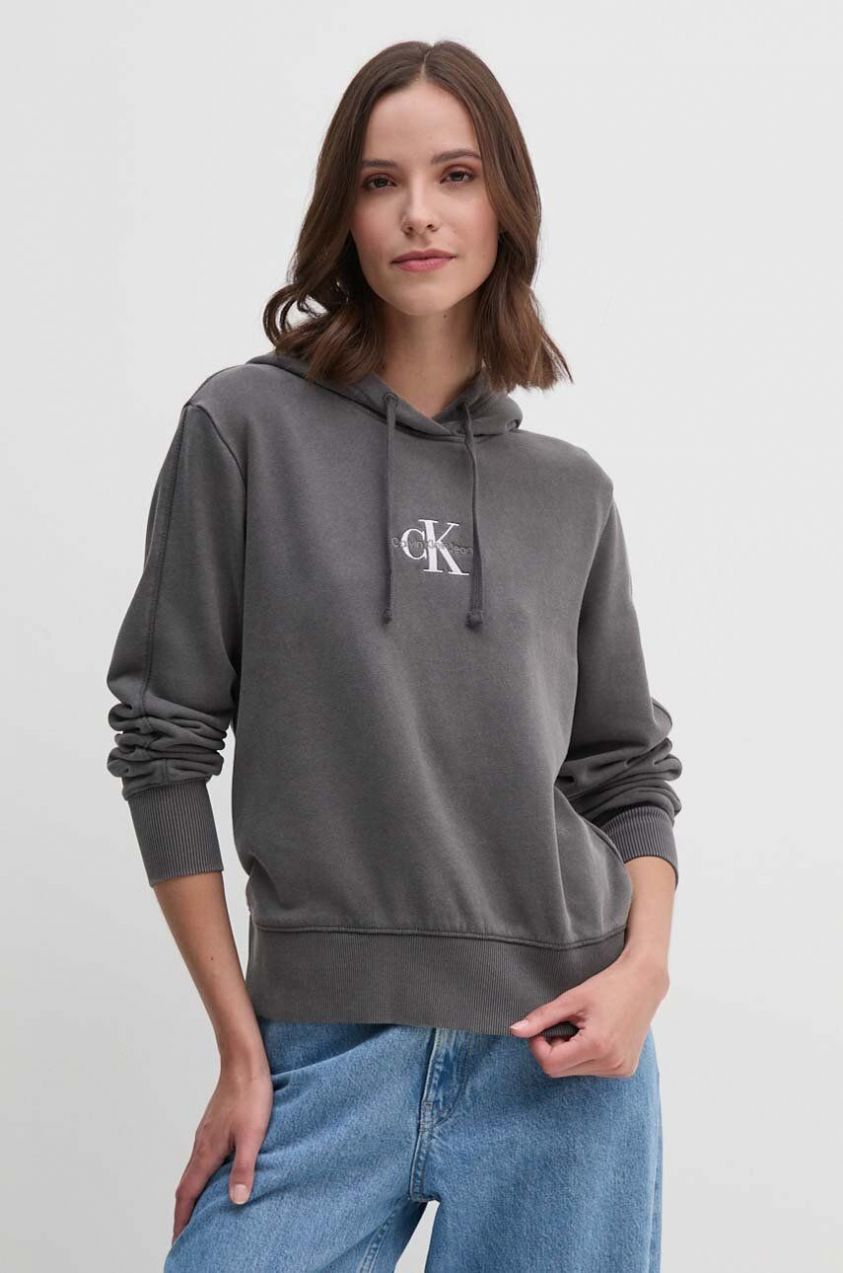 Bavlnená mikina Calvin Klein Jeans šedá farba, s kapucňou, s nášivkou, J20J223534