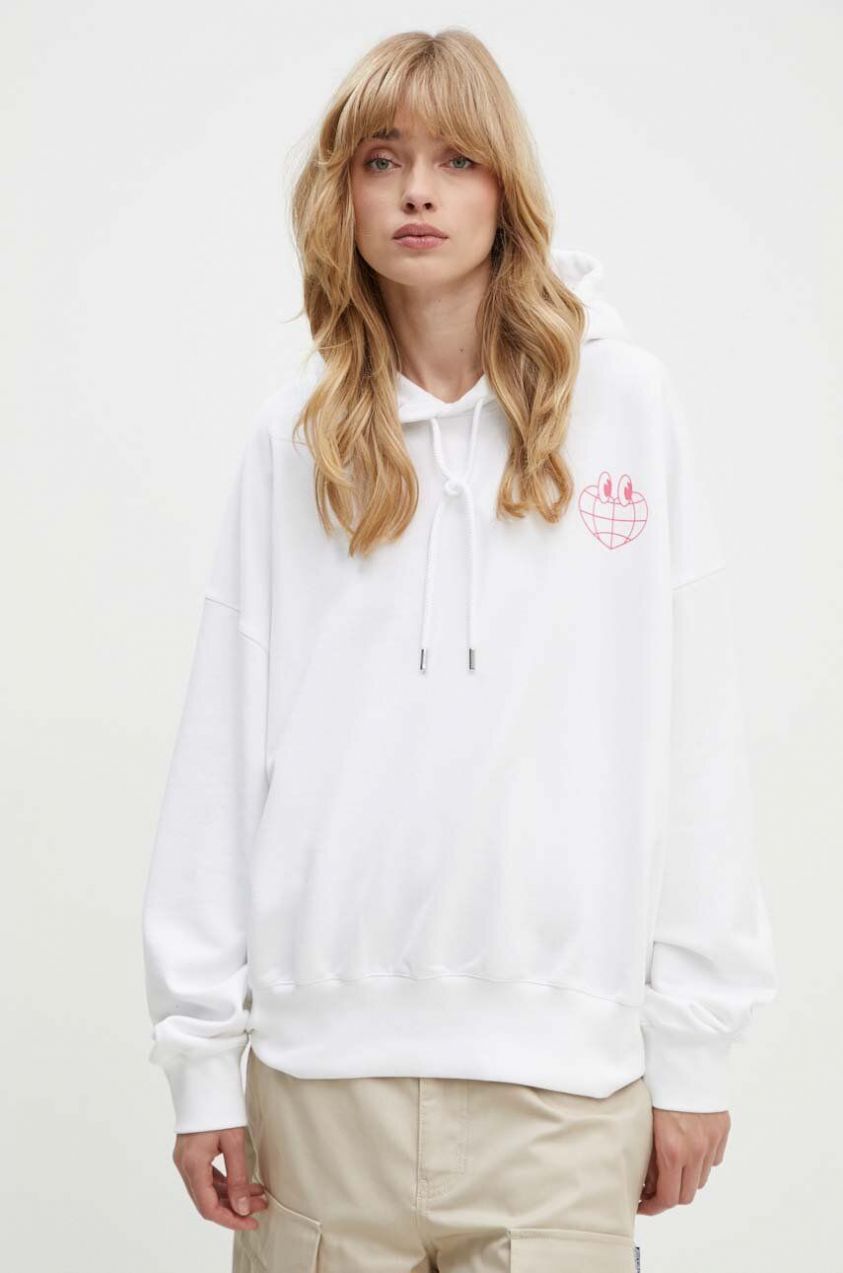 Bavlnená mikina Moschino Jeans dámska, biela farba, s kapucňou, s potlačou, 1701.8233