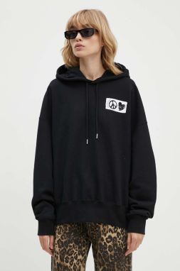 Bavlnená mikina Moschino Jeans dámska, čierna farba, s kapucňou, s potlačou, 1705.8233