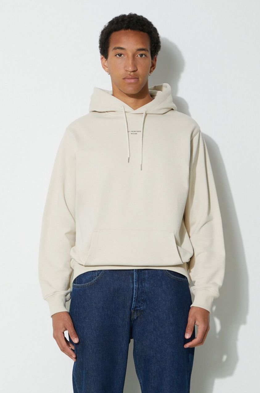 Bavlnená mikina Drôle de Monsieur Le Hoodie Slogan a Poche Classique pánska, béžová farba, s kapucňou, jednofarebná, PERM-HO161-CO127-MT