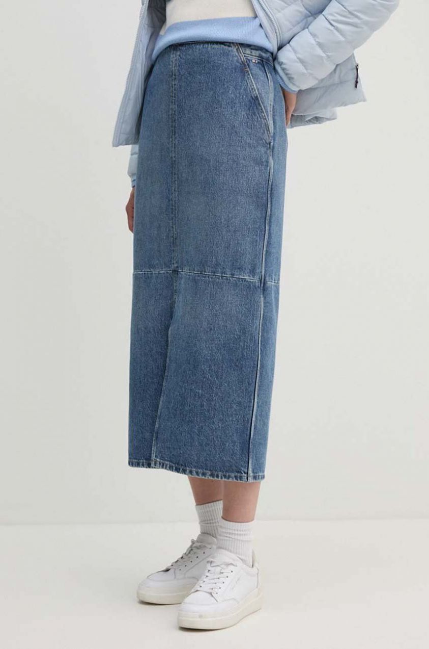 Rifľová sukňa Tommy Hilfiger midi, rovný strih, WW0WW42582