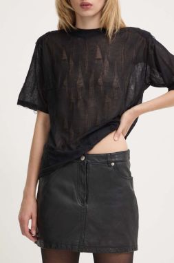 Kožená sukňa The Kooples čierna farba, mini, rovný strih, FJUP29013K