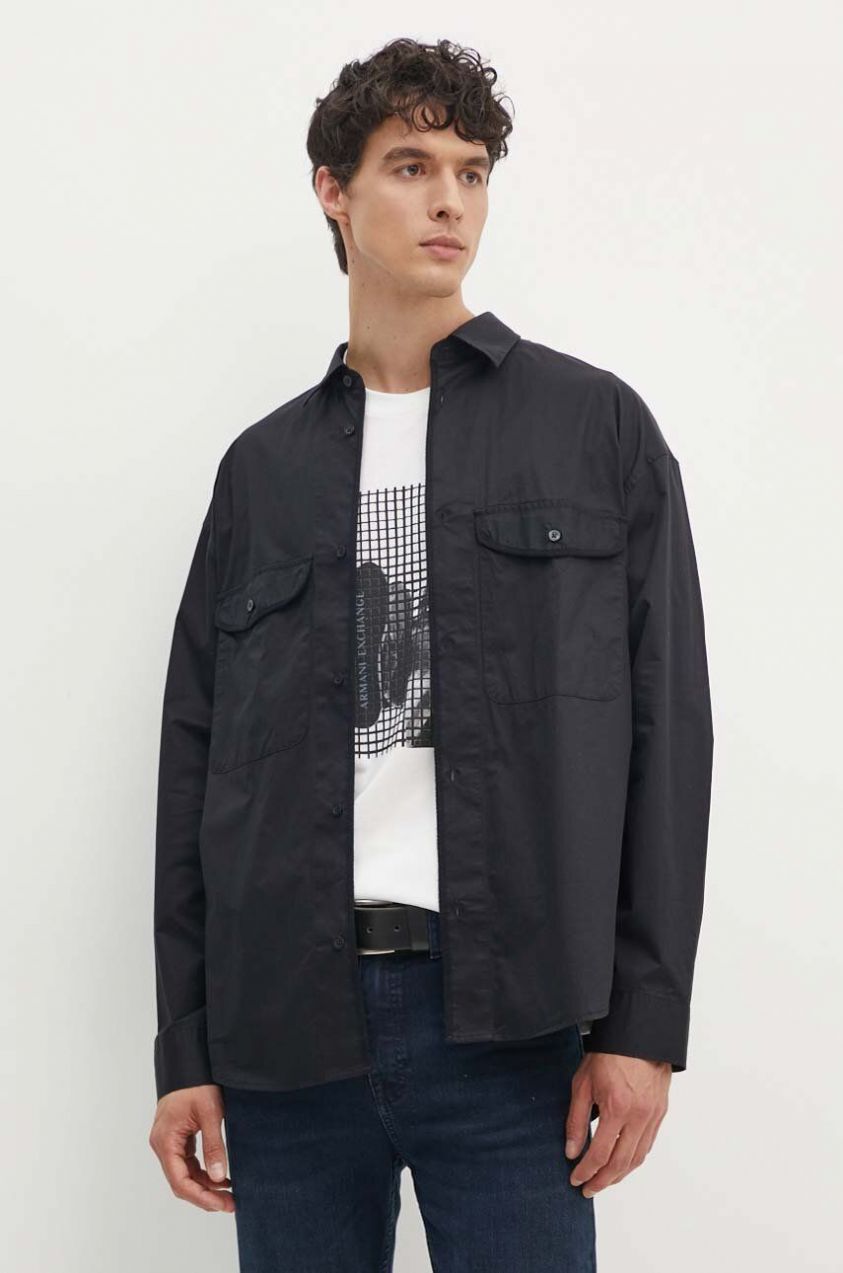 Bavlnená košeľa Armani Exchange pánska, čierna farba, voľný strih, s klasickým golierom, 6DZCL7 ZN3CZ