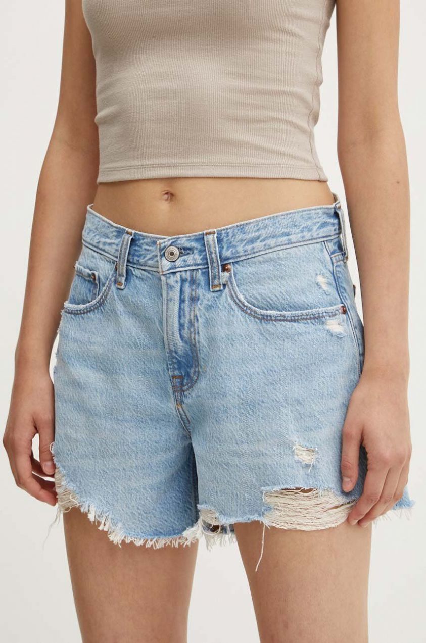 Rifľové krátke nohavice Abercrombie & Fitch dámske, jednofarebné, vysoký pás