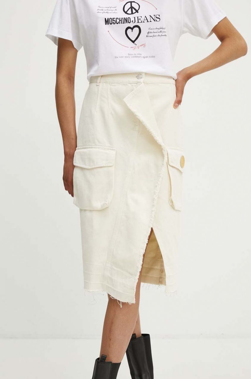 Rifľová sukňa Moschino Jeans béžová farba, midi, rovný strih, 0119.8225