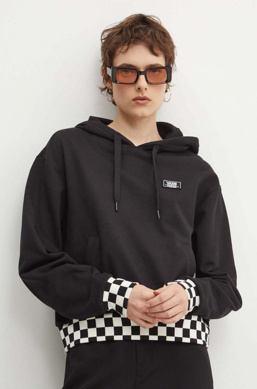 Bavlnená mikina Vans dámska, čierna farba, s kapucňou, s nášivkou, VN000GJ2BLK1
