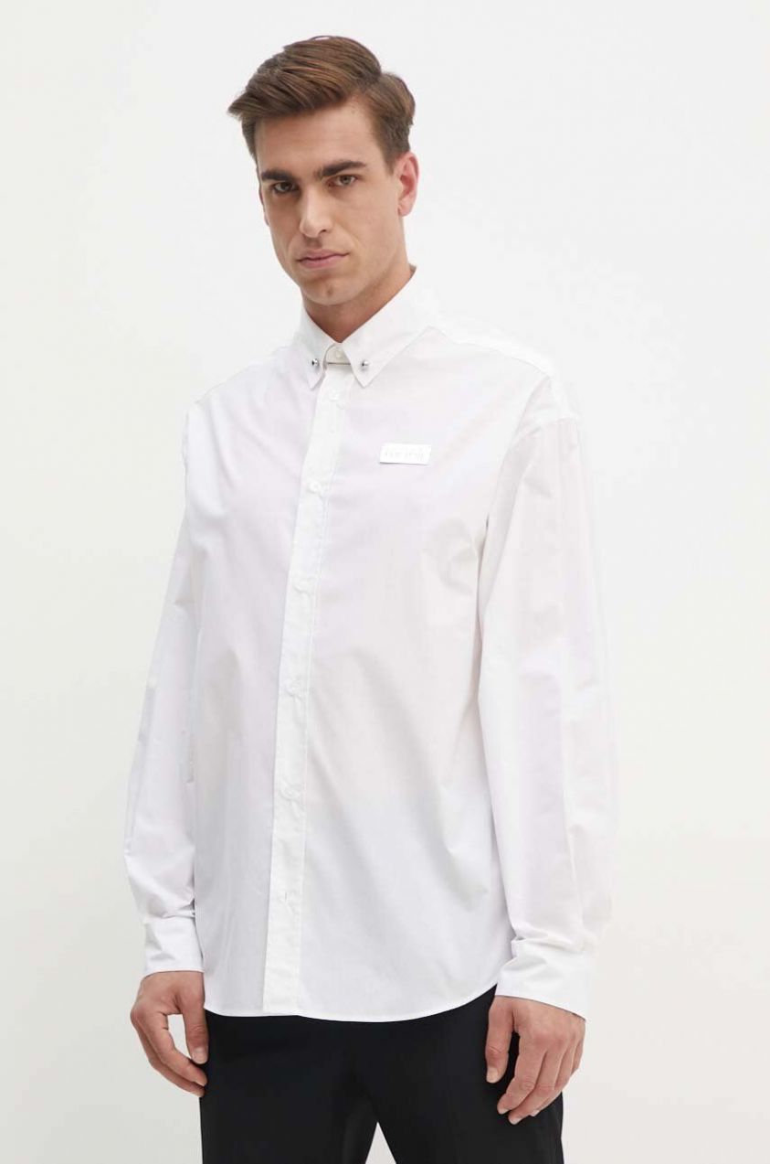 Bavlnená košeľa Versace Jeans Couture pánska, biela farba, voľný strih, s klasickým golierom, 77GALY10 CN002