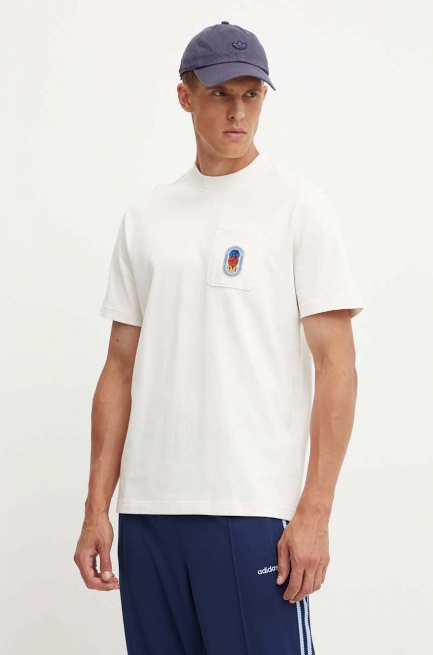 Bavlnené tričko adidas Originals pánske, béžová farba, s nášivkou, IX6754