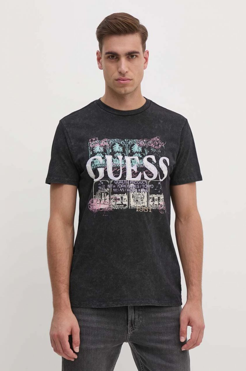 Bavlnené tričko Guess pánske, čierna farba, s potlačou, M4YI79 K9RM1