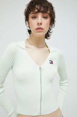 Kardigán Tommy Jeans dámsky, zelená farba, tenký