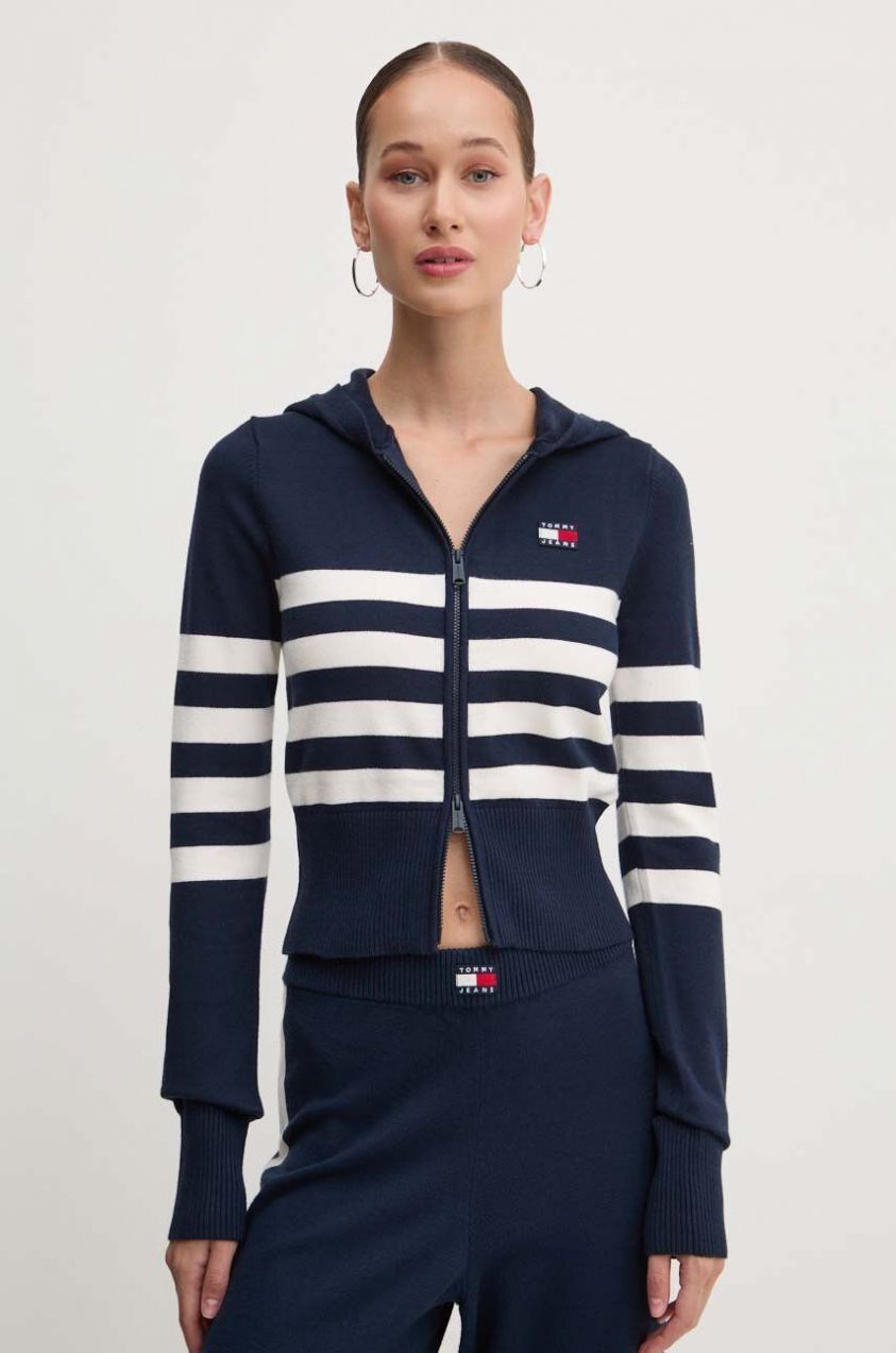 Kardigán Tommy Jeans dámsky, tmavomodrá farba, tenký, DW0DW18524