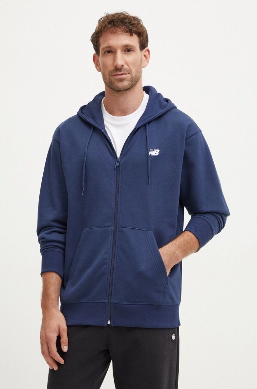 Mikina New Balance pánska, tmavomodrá farba, s kapucňou, jednofarebná, MJ41501NNY