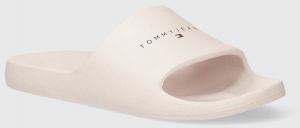 Šľapky Tommy Jeans TJW PRINTED PU POOL SLIDE dámske, béžová farba, EN0EN02693