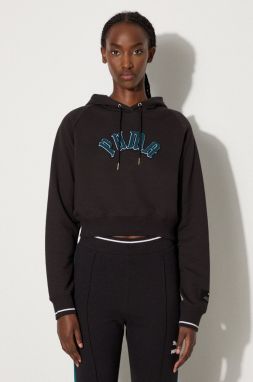 Mikina Puma Classics Play Paris Relaxed Hoodie dámska, čierna farba, s kapucňou, s nášivkou, 627484