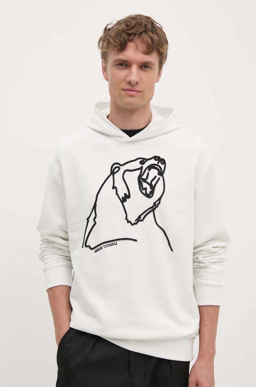 Bavlnená mikina Armani Exchange pánska, biela farba, s kapucňou, s nášivkou, XM000041 AF10858