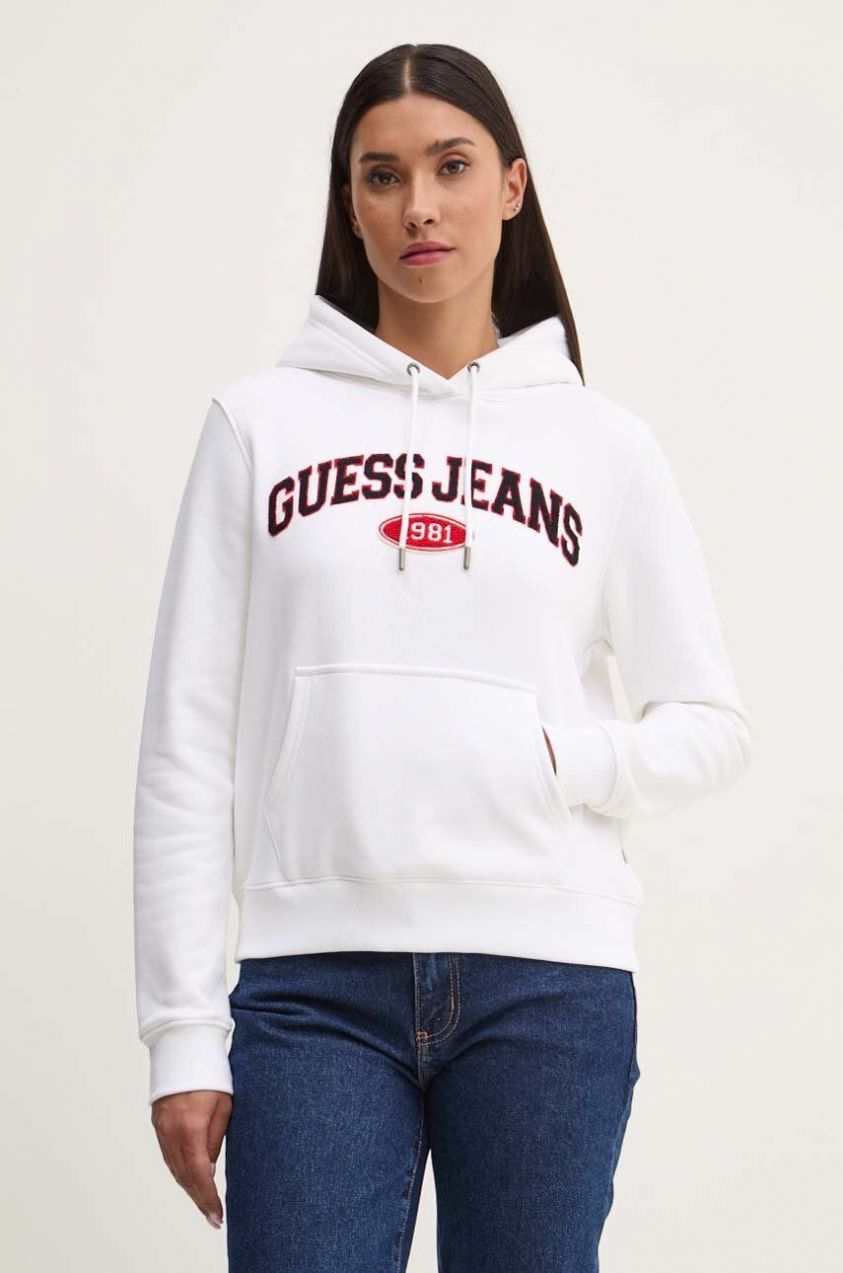Mikina Guess Jeans dámska, biela farba, s kapucňou, s nášivkou, W4YQ09 KC811