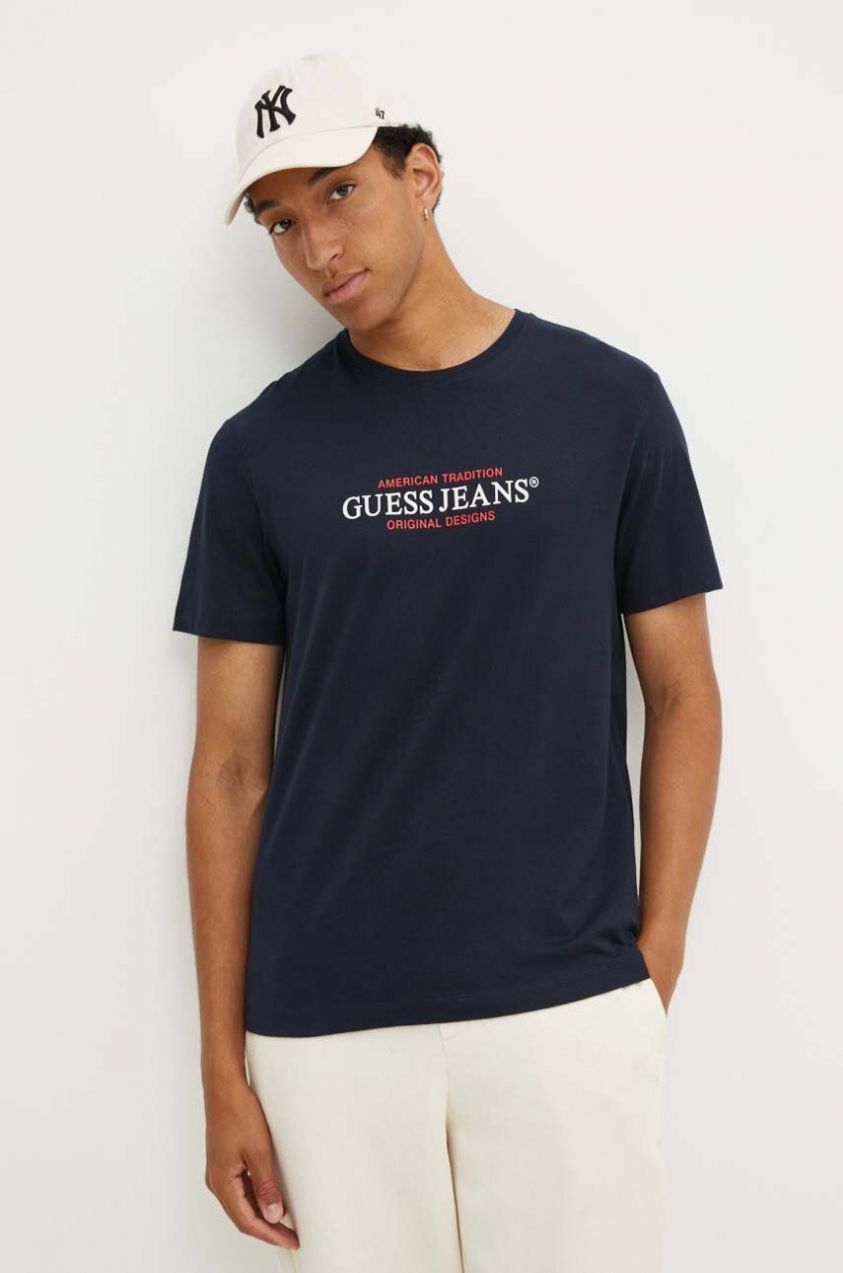 Bavlnené tričko Guess Jeans pánske, tmavomodrá farba, s potlačou, M4YI42 K8FQ4