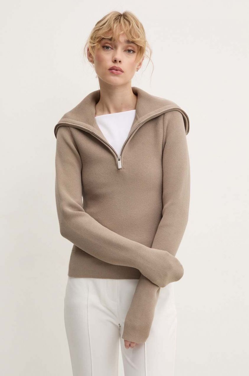 Sveter Remain Zipped Collar Knit dámsky, béžová farba, s rolákom, 5017693001